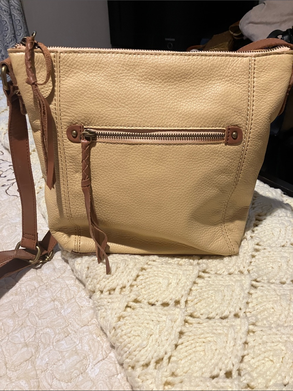 The Sak Ashland crossbody Cream Crossbody Bag with Brown Trim